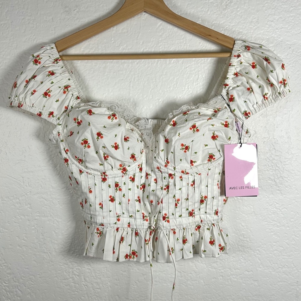 Avec Les Filles White Floral Corset Top W/Red Rose Print- NWT- See Description